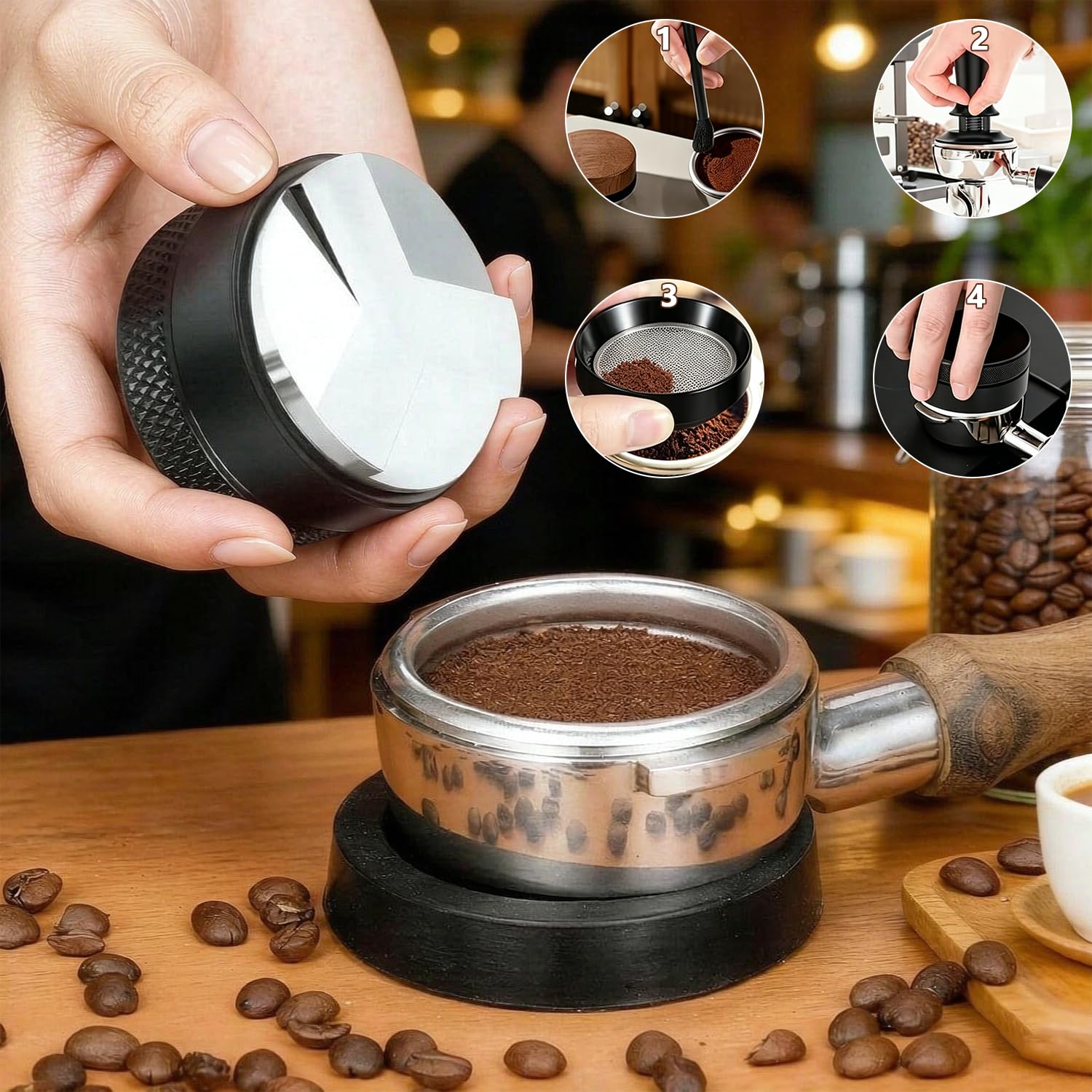 Juego de prensos, 51 mm con estación de prensado, 7 piezas, juego de accesorios con prensador de café con distribuidor, anillo dosificador, cepillo de limpieza, pantalla de disco, prensador de café