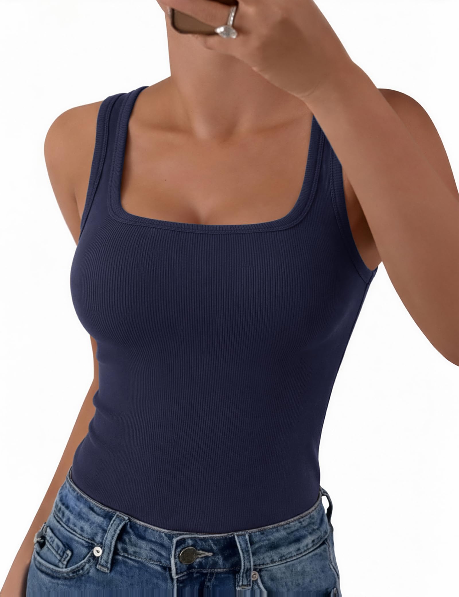 Aottori Camiseta sin Mangas Mujer Verano Cuello Cuadrado Tops Ajustado Elástico Camisetas Tirantes Elegante Punto Tank Top Sólido Básica Chalecos Top — view 16
