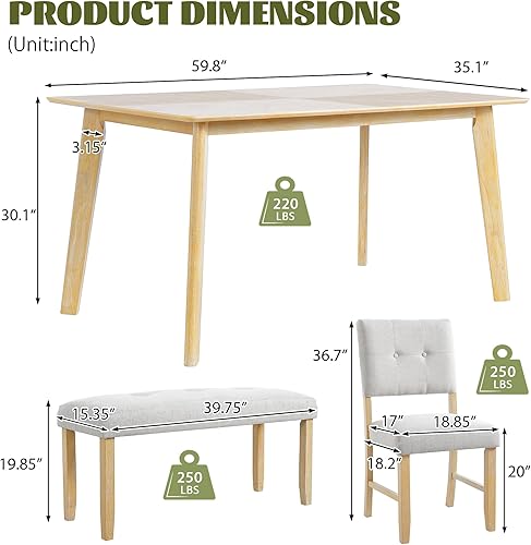 Miniatura 4 de Merax Juego de mesa de comedor de madera maciza de 6 piezas para 6, estilo rústico rectangular con 4 sillas tapizadas de madera y 1 banco, cocina