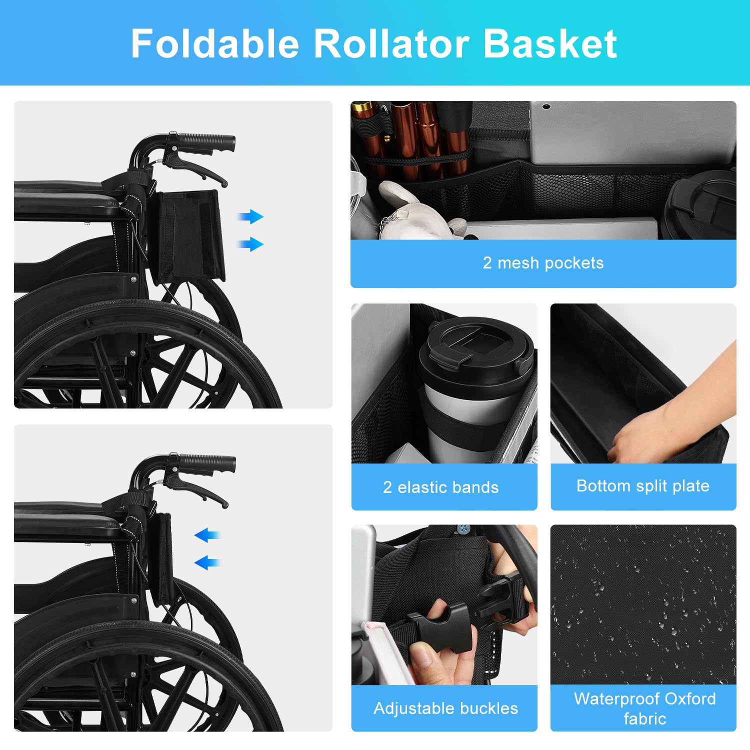 supregear Panier Fauteuil Roulant pour le Dos, Sac Organisateur de Sac à Dos pour Fauteuil Roulant de Grande Capacité Étanche avec Plusieurs Poches et Porte-Gobelet pour les Personnes Âgées, Noir