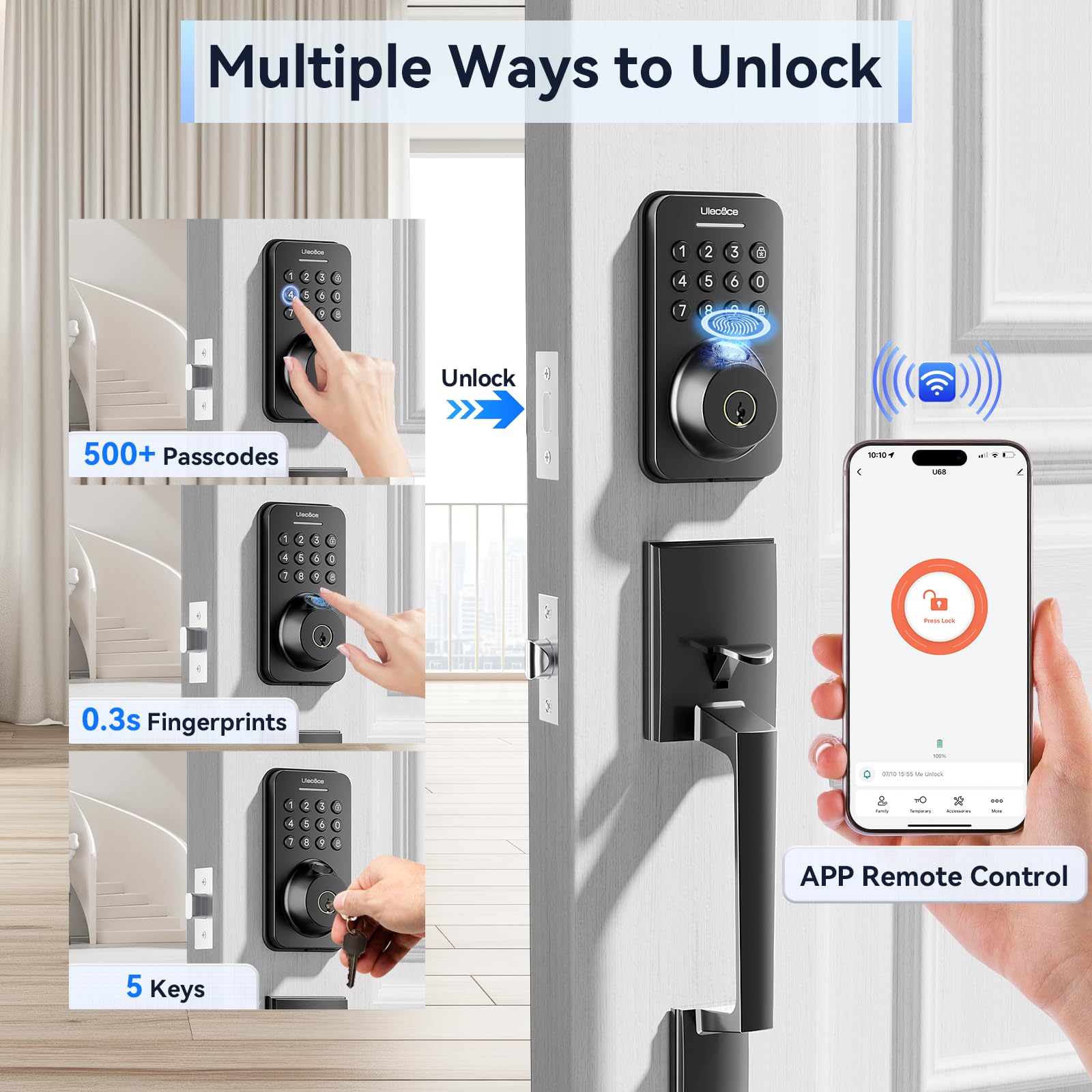 Ulecoce Pêne dormant à clavier à empreintes digitales avec poignée, serrure de porte d'entrée sans clé, serrures de porte pour ensemble de serrure de porte d'entrée, contrôle par application