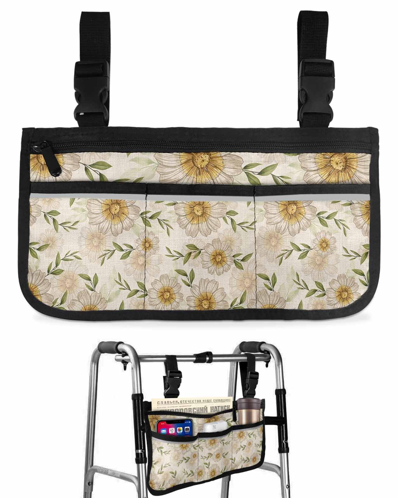 Anzona White Daisy Wheelchair Side Bag Walker Bag, Rustic Floral Botanical Beige Burlap Wheelchair Accessories Armrest Pouch, Organizer Storage Bag for Walkers, Rollators, Scooters, 7.3''x13''