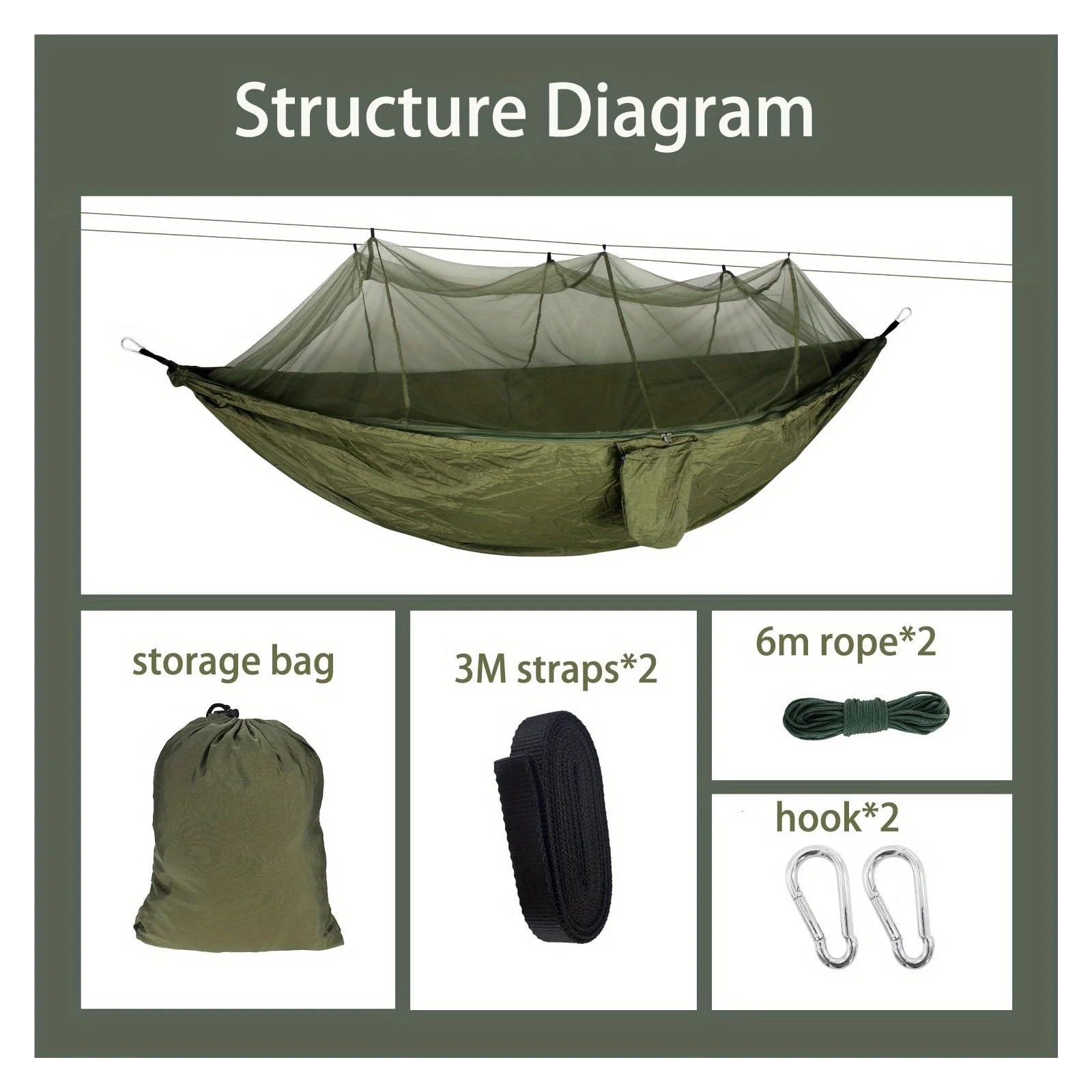 Moskitiera na zewnątrz, Ultralekki hamak ogrodowy z nylonową siatką, wielokolorowy(Army Green)