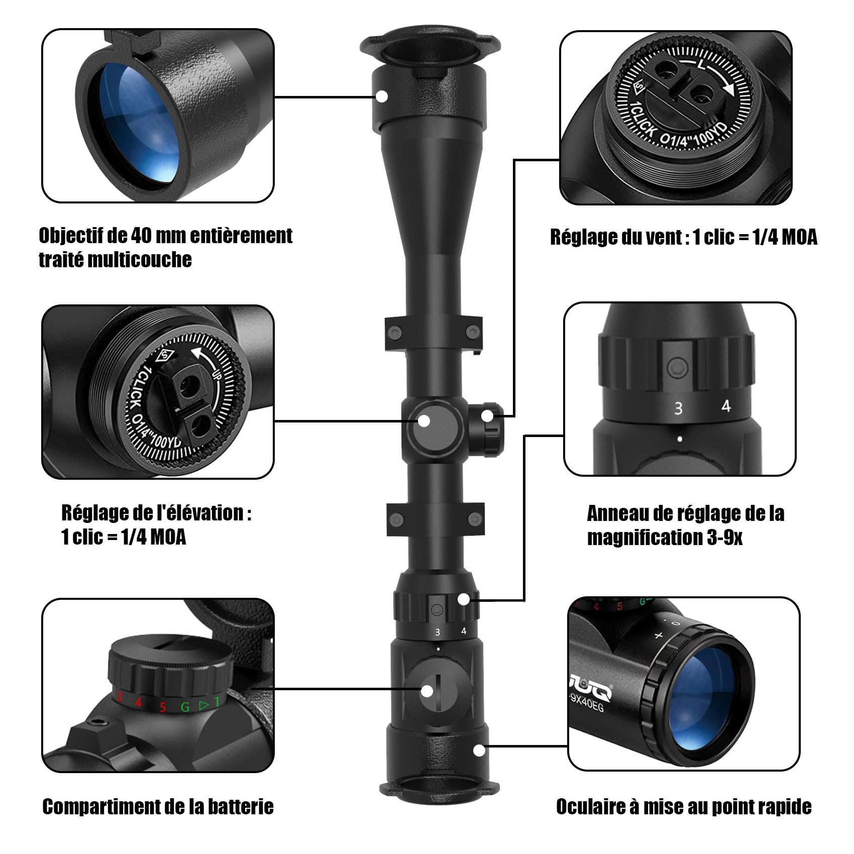 UUQ 3-9×40 Rifle Range con iluminación roja/Verde y medidor de Distancia Reticle Fits 20mm Free Mount, Resistente al Agua, Resistente a la Niebla