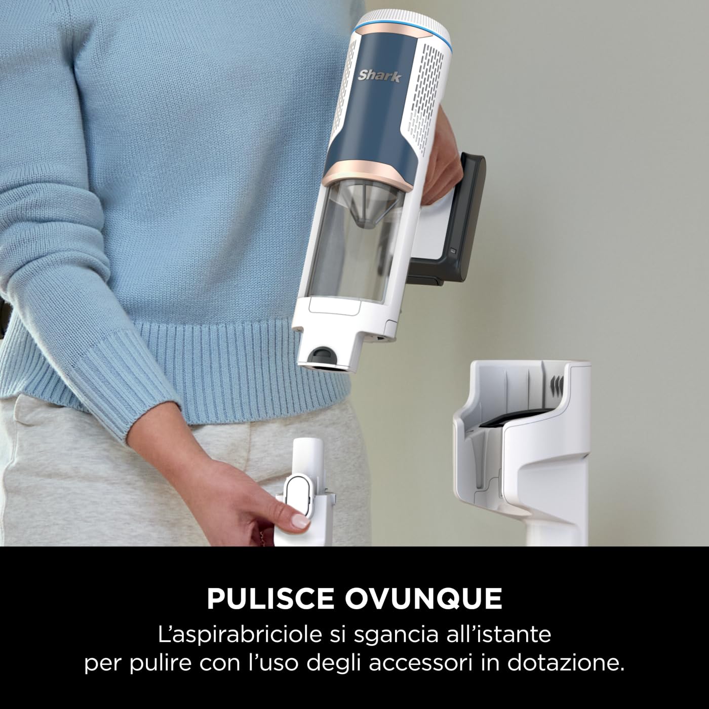 Shark Clean & Empty Aspirapolvere Senza Fili con Autosvuotamento, 40 Minuti di Autonomia, Leggero, Anti Hair Wrap, Bocchette per Animali e Fessure, Stazione di Ricarica, Luci LED, Bianco/Blu, BU3521EU