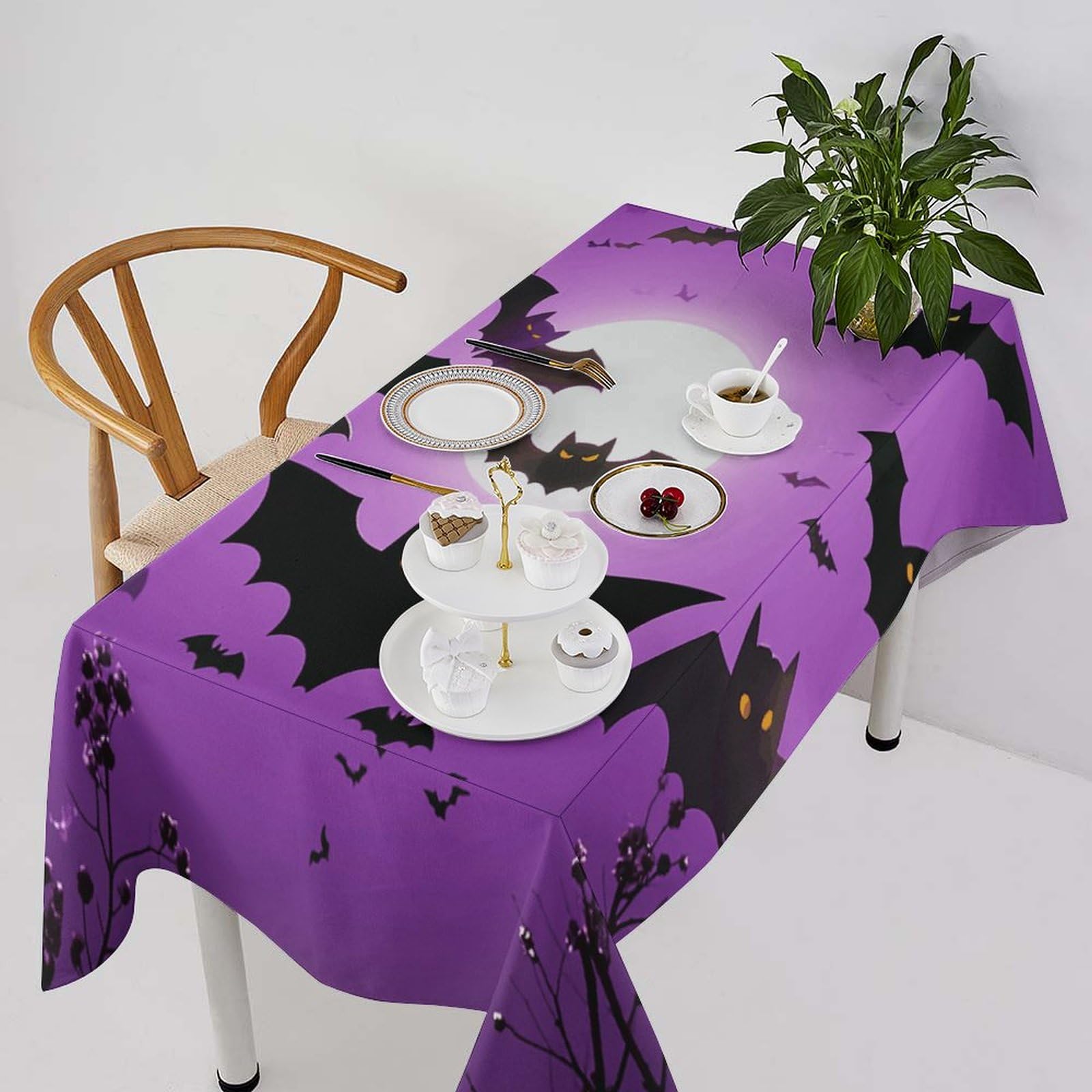 Nappe d'Halloween lavable anti-tache à motif de chauve-souris violettes