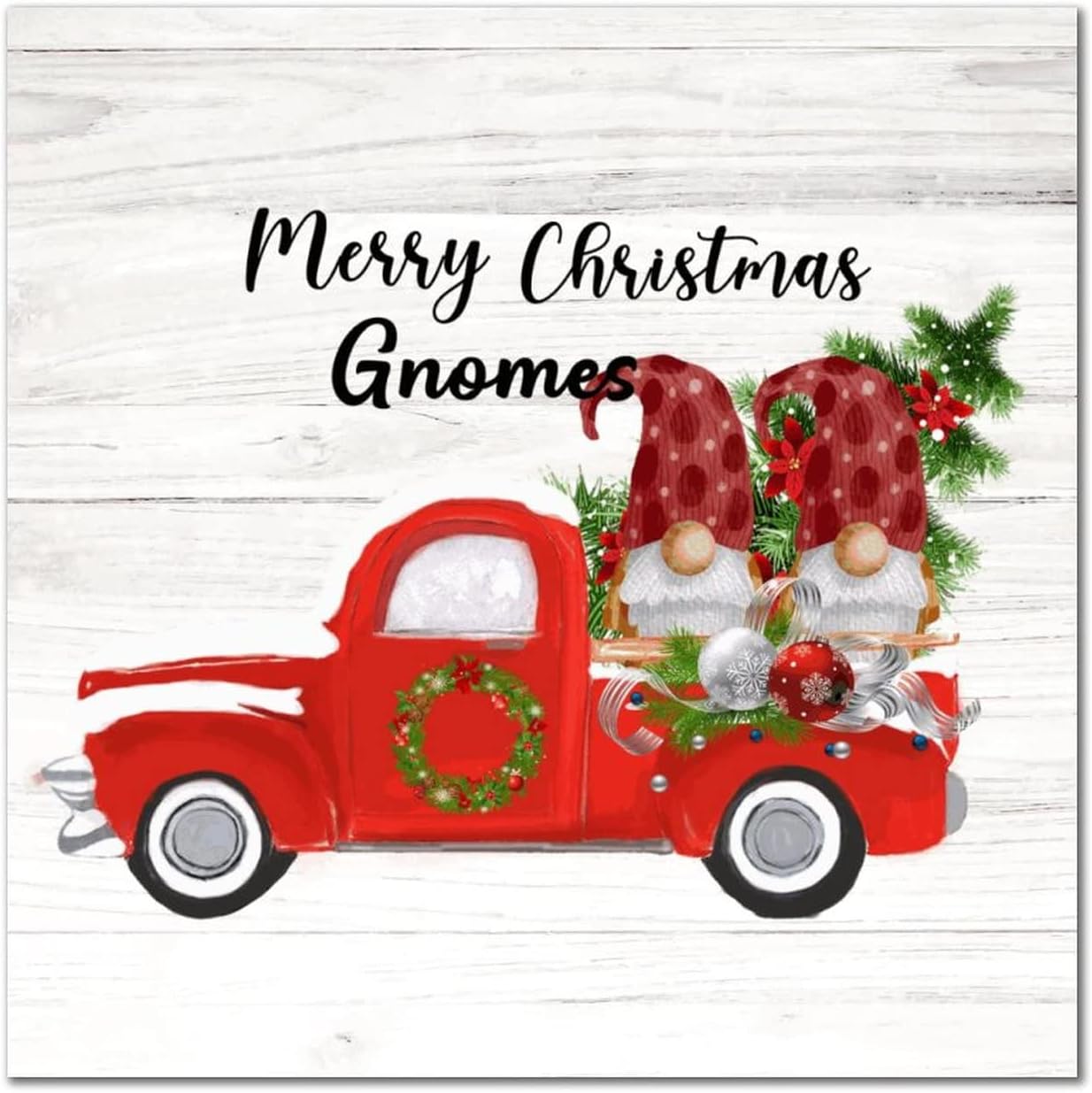 Merry Christmas Gnomes Wood Sign Retro Christmas Tree Red Truck Door Sign Holy Night Wall Art Hanging Farmhouse Decoration Plaque For Indoor Holiday Home Classroom Office Housewarming Gift 16x16in