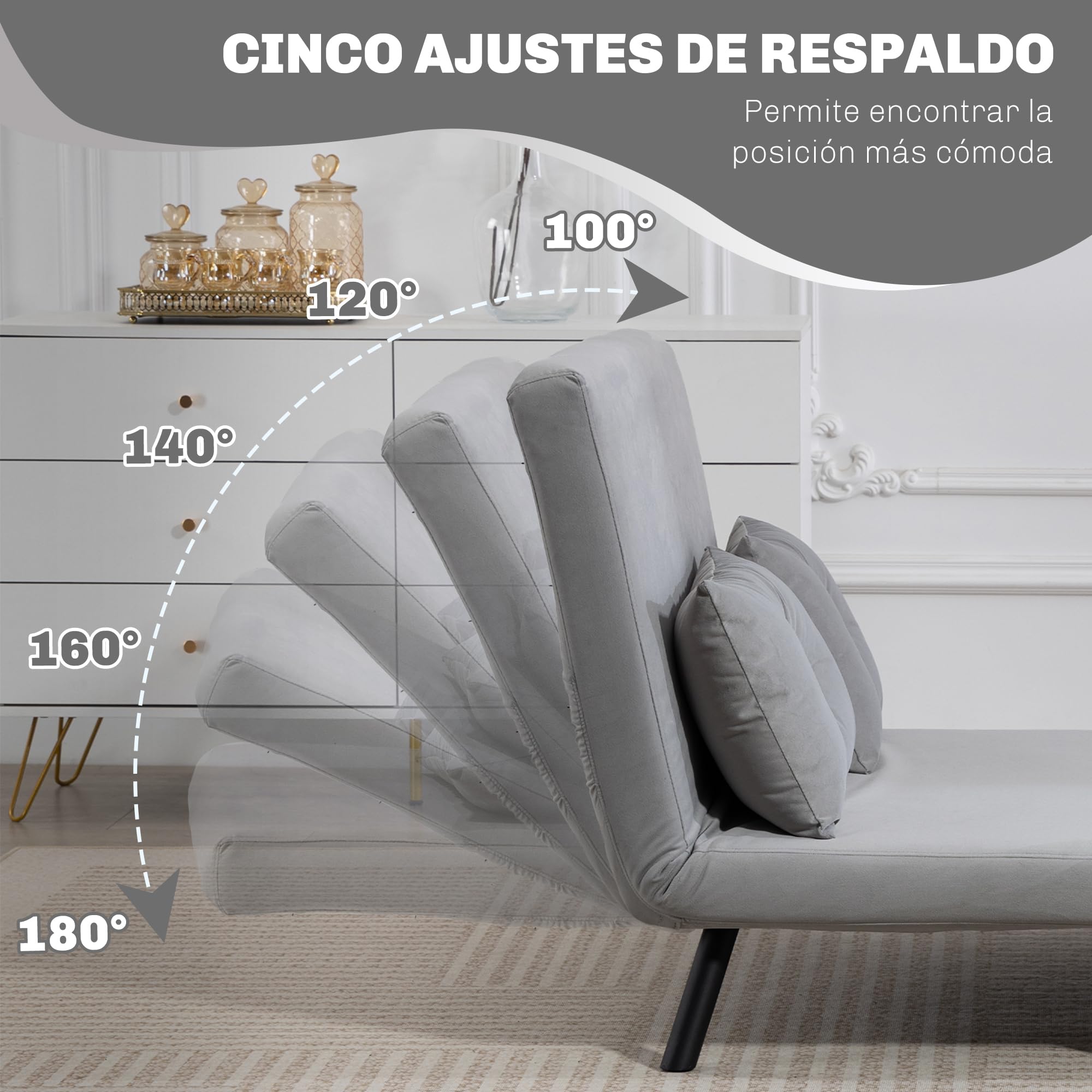 HOMCOM Sofá Cama de 2 Plazas 4 en 1, Sofá Cama Plegable Tapizado en Terciopelo con Respaldo Ajustable de 5 Niveles y Almohadas Acolchadas, para Oficina, Dormitorio, Salón, 102x73x81 cm, Gris Claro