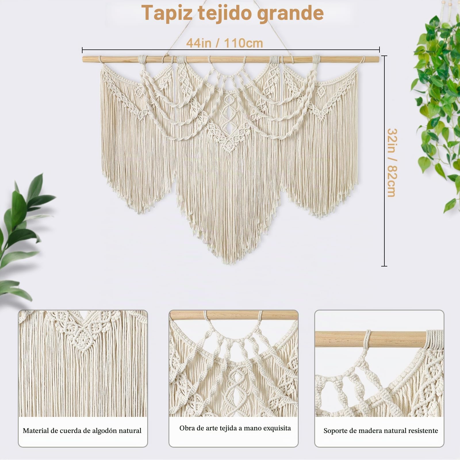UXORSN Macramé Tapiz Grande Bohemio Colgante de Pared Chic Flecos Cuerda de Algodón Beige Tapices Tejido Decorativos para Cortina Sala de Estar Apartamento Telón Decoración de Arte de Pared