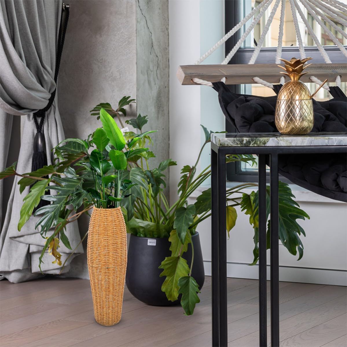 Vaguelly Jarrones Grandes para Suelo de Imitación Ratán, 2 Piezas, Diseño Rústico y Material Plástico, Ideales para Decoración de Mesa y Arreglos de Flores Hogar