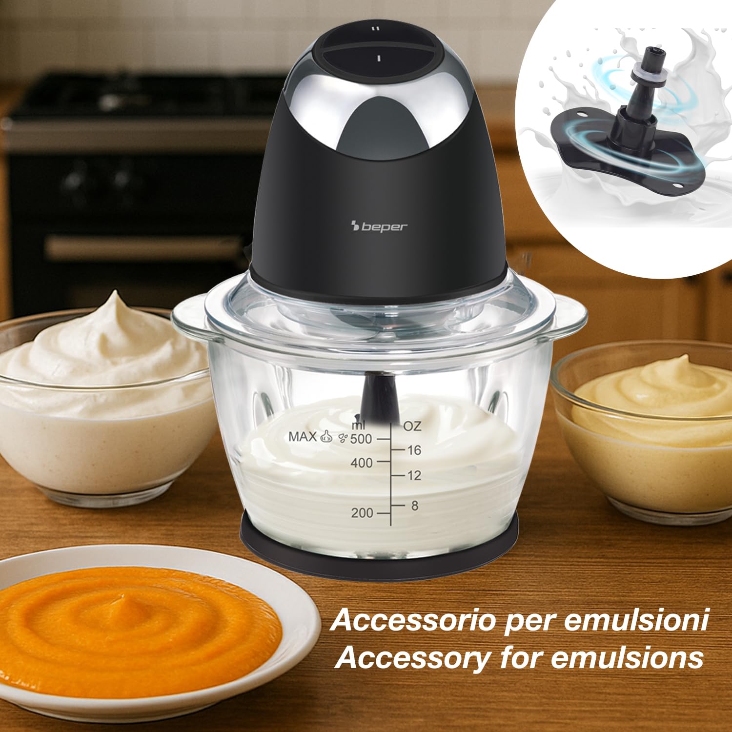 BEPER P102ROB003 Tritatutto Elettrico Chop&Whip con Contenitore in Vetro 500ml, Lame in Acciaio Inox, 2 Velocità, Accessorio per Emulsionare e Montare la Panna, Compatto, Sicuro e Facile da Pulire