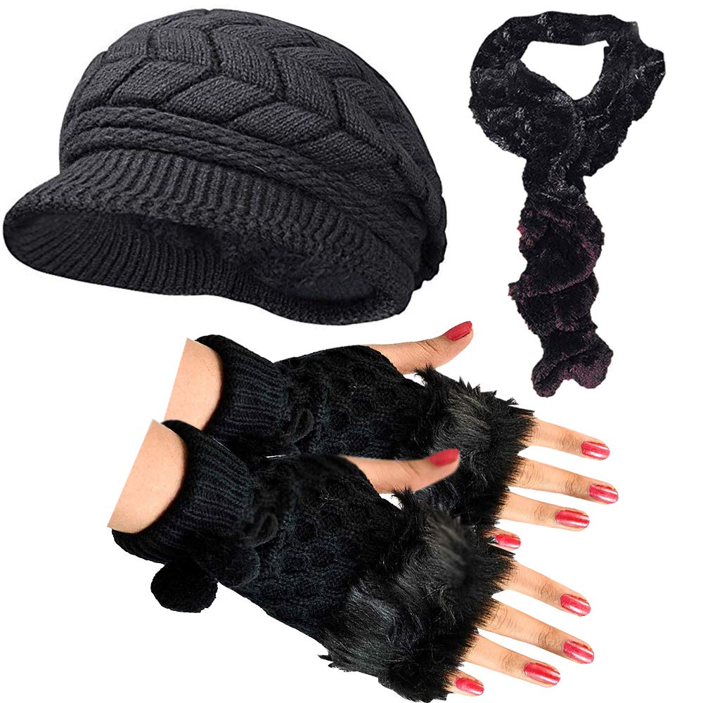malvina Women's Combo of Winter Warm Knit Hat Wool Snow Ski Caps Fingre Cut Fur Faux Hand Gloves and Faux Fur Muffler (Black, Free Size)-picture-44