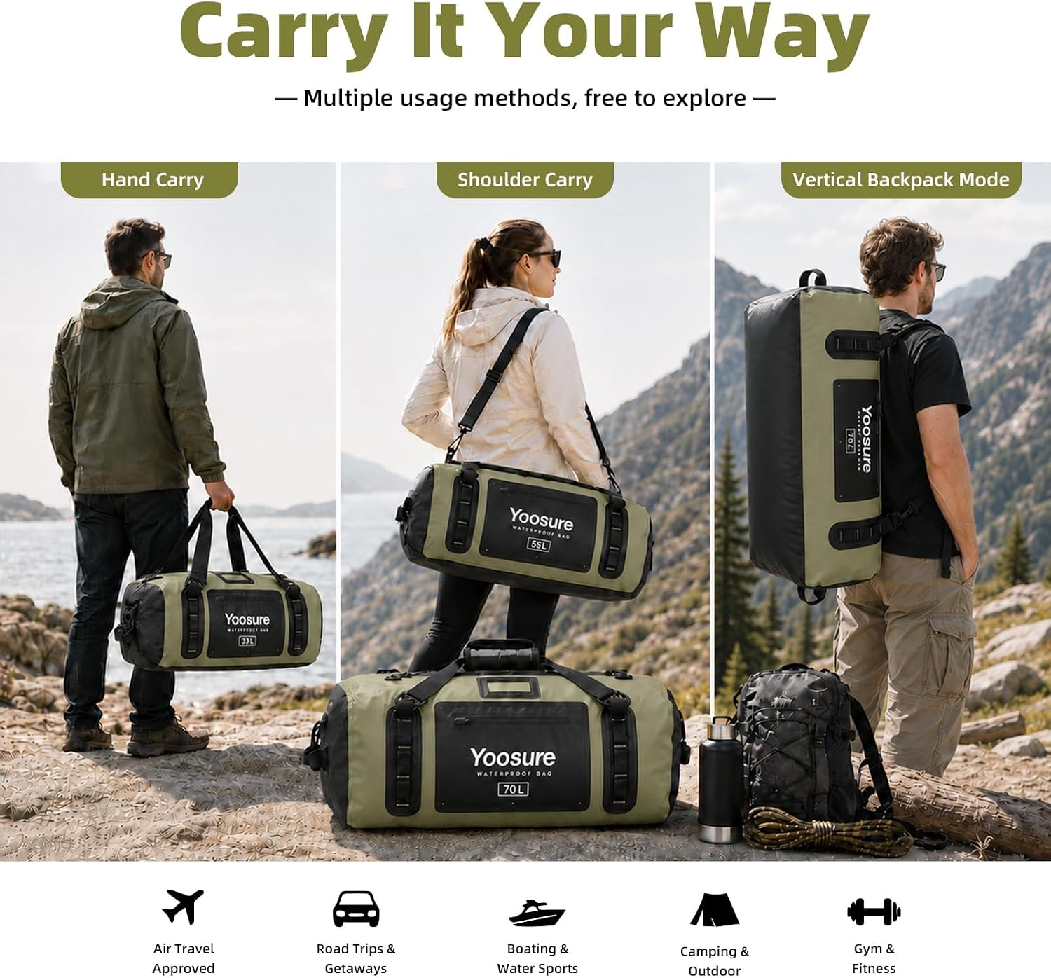 33L/55L/70L Motorcycle Tail Bag Airtight Zipper, Stormproof Waterproof Zipper Bag, Heavy Duty Stackable Rear Rack Luggage for Touring, Jet Ski, SUP, Camping image 5