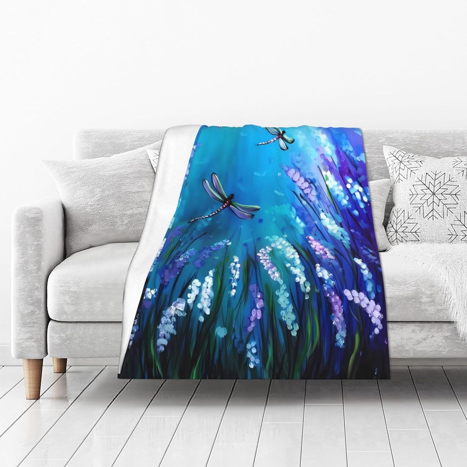 Purple Flowers and Cute Dragonfly Fleece Throw Blanket Super Soft Flannel Cozy Washable Lightweight Fuzzy Blanket for Couch Sofa Bed Office Travel Camping Warm Plush Blankets for All Season (50"x40")