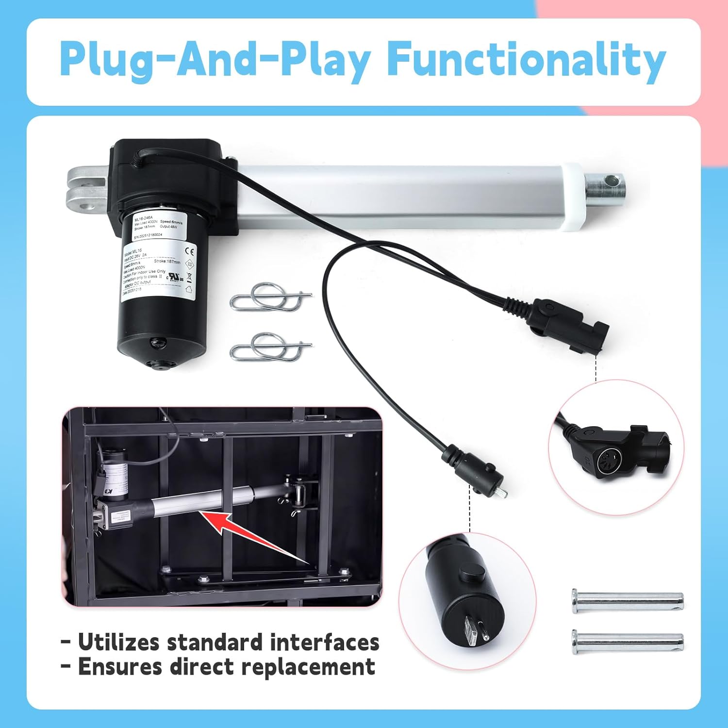 ML16-246 Electric Recliner Motor Actuator Replacement for Mulin ML16-246A ML16 Electric Push Rod Compatible with Catnapper Lift Chairs Adjustable Bed and Functional Sofas