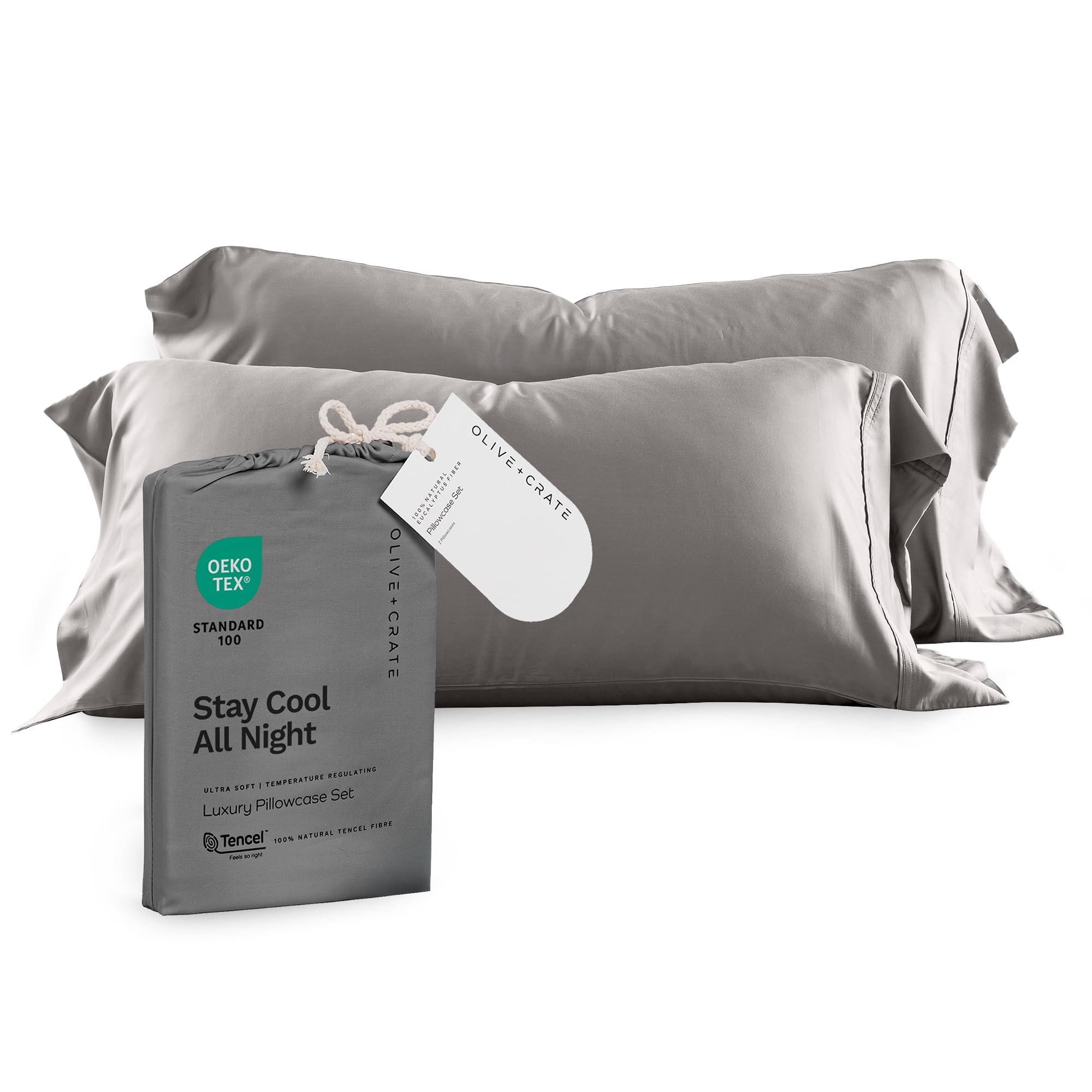 Olive + Crate Tencel Eucalyptus Pillowcases - 100% Tencel Lyocell Cooling Pillow Cases for Hot Sleepers - Hypoallergenic, Moisture-Wicking, Silk