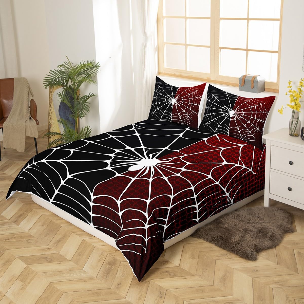 feelingyou White Spider Kids Duvet Cover Double Size,Black and Red Comforter Cover for Kids Teens Adults Bedroom Decor,Halloween Theme Soft Polyester Bedding Set 2 Pillowcases,No Comforter - Image 2