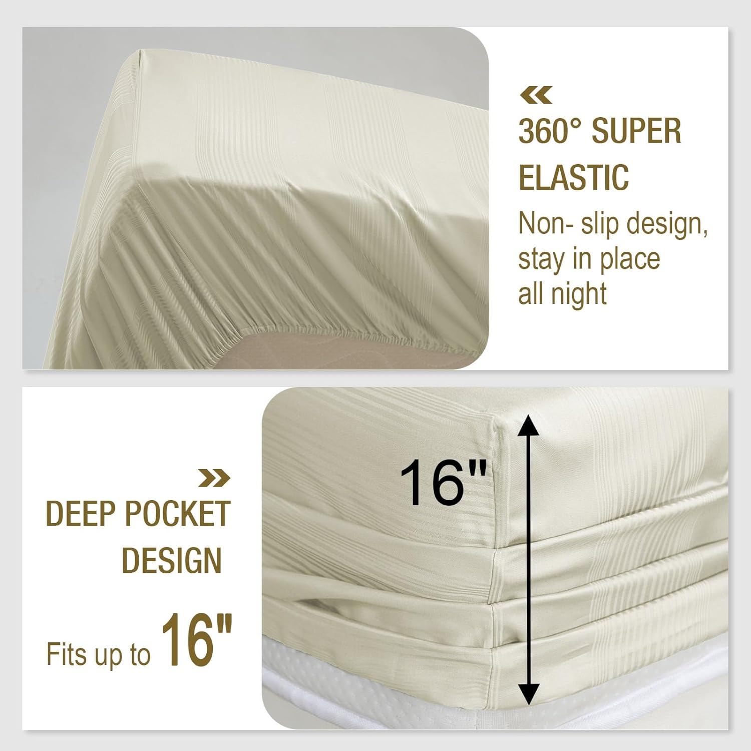 IKIFLY Queen Size Sheet Set, Striped Jacquard Ultra Soft Cooling Sheets, 16" Deep Pocket, Breathable & Wrinkle Resistance, 4 Piece Hotel Luxury Silky Bed Sheets & Pillowcases, Beige