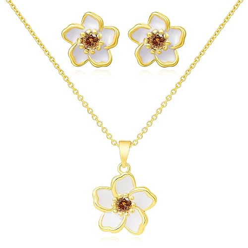 KYNOX Flower Necklace Earrings Set for Women 14K Gold Plated Hypoallergenic Sets Pair with different birthstones for Wedding Party Bridal Bridesmaid Accessories (Gold, 18in, Orange-Red)