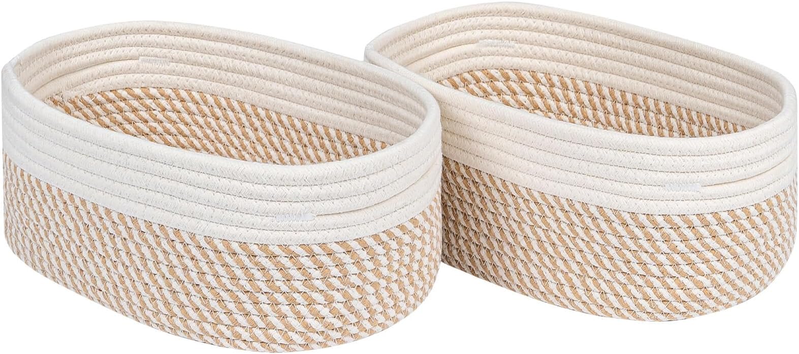 CubesLand Small Storage Baskets for Shelves, Closet Organization Bins Empty Gift Basket 2 Packs Baby Nursery Woven Organizing, Rectangular Clothes Shelves Off White/Mixed Camel