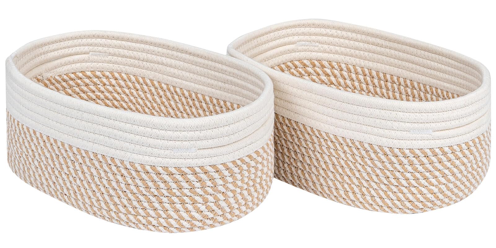 CubesLand Small Storage Baskets for Shelves, Closet Organization Bins Empty Gift Basket 2 Packs Baby Nursery Woven Organizing, Rectangular Clothes Shelves Off White/Mixed Camel