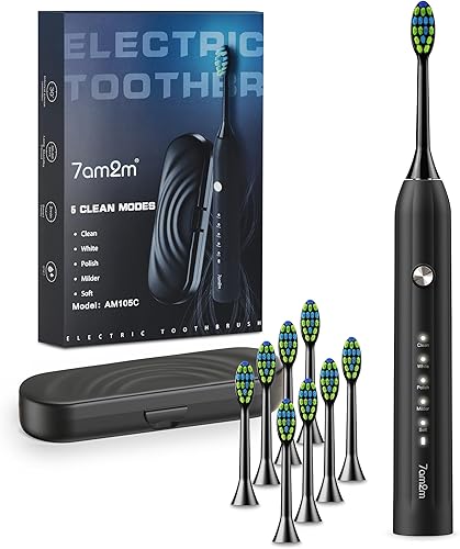 7AM2M Sonic Electric Toothbrush for Adults and Kids, with 8 Brush Heads and Travel Case,5 Modes with 2 Minutes Built in Smart Timer, One Charge Use
