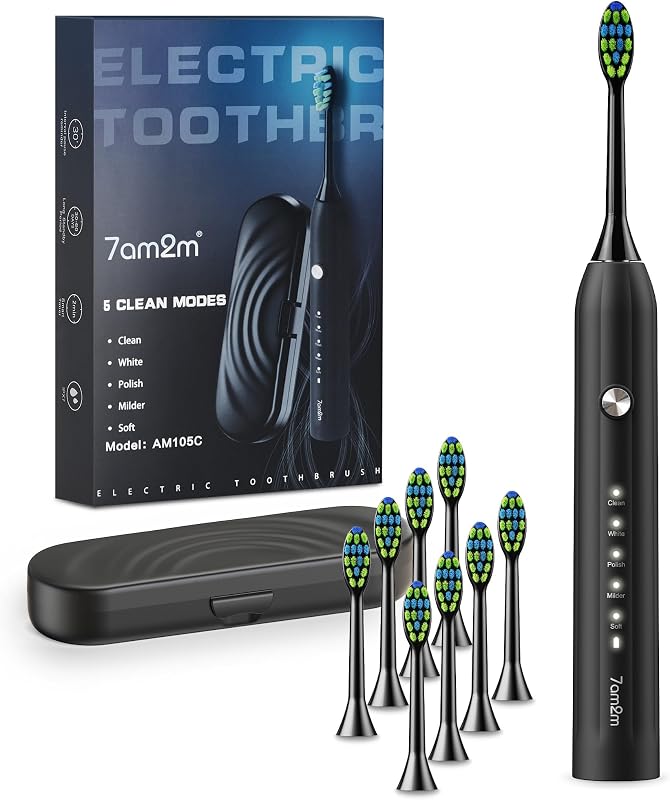 Sonic Electric Toothbrush for Adults and Kids, with 8 Brush Heads and Travel Case,5 Modes with 2 Minutes Build in Smart Timer, One Charge Use for 90 Days, Rechargeable Toothbrushes(Black) | 5 Modes, 2-Minute Smart Timer, One Charge Use for 90 Days, Powered Rechargeable Toothbrush, IPX7 Waterproof, Black