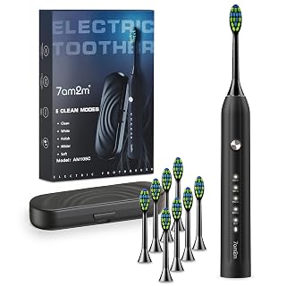 7AM2M Sonic Electric Toothbrush for Adults and Kids, with 8 Brush Heads and Travel Case,5 Modes with 2 Minutes Build in Smart Timer, One Charge Use for 90 Days, Rechargeable Toothbrushes(Black) | 5 Modes, 2-Minute Smart Timer, One Charge Use for 90 Days, Powered Rechargeable Toothbrush, IPX7 Waterproof, Black - Amazon product rated Grade A