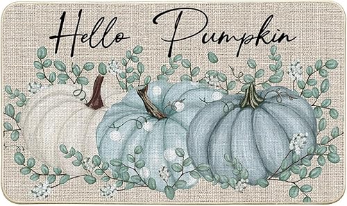Artoid Mode Felpudo de otoño de eucalipto con texto en inglés "Hello Pumpkin", decoración del hogar de bajo perfil, tapete para puerta de interior y