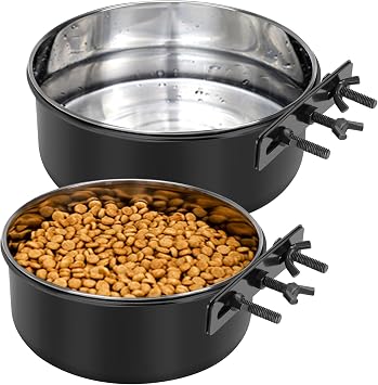 Dog Crate Water Bowl No Spill 2 Pack,Stainless Steel Dog Bowls for Food and Water, Pet Kennel Hanging Dogs Food Bowls for Medium/Large Dogs and Cats 7.1"x2.6" & 6.3"x2.6", Black