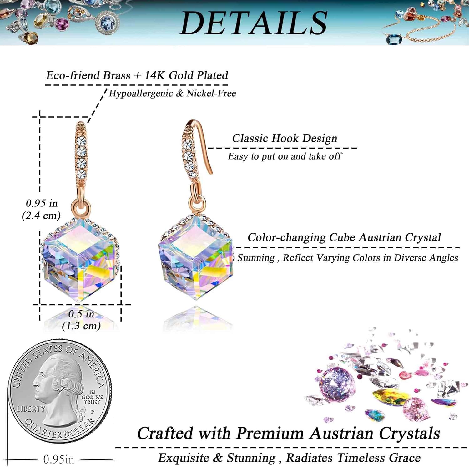 Austrian Crystal Cube Drop Dangle Earrings for Women 14K Gold Plated Hypoallergenic Jewelry - Image 4