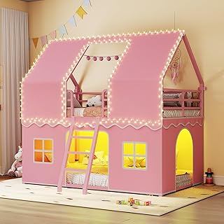 BTHFST Bunk Bed Twin Over Twin with Play Curtain, House Bunk Bed with LE...