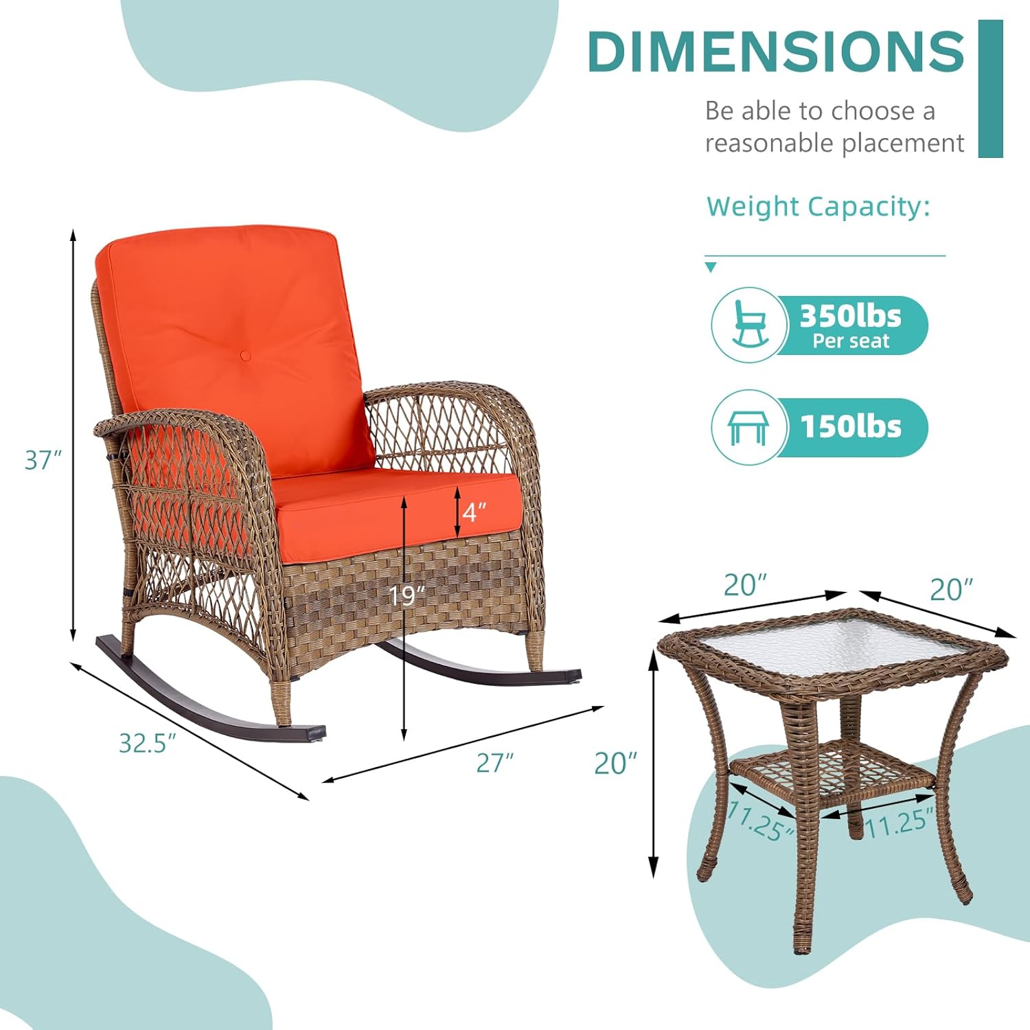 MEETWARM 3 Pieces Outdoor Wicker Rocking Chair Set, Rattan Patio Rocker Chairs Set with Cushions and Glass-Top Coffee Table, Conversation Bistro Set for Porch & Backyard - Orange