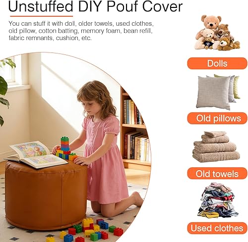 Miniatura 5 de Funda para puf otomano sin relleno de 20 x 15 pulgadas, taburete redondo de piel sintética, puf (sin relleno), reposapiés con almacenamiento para