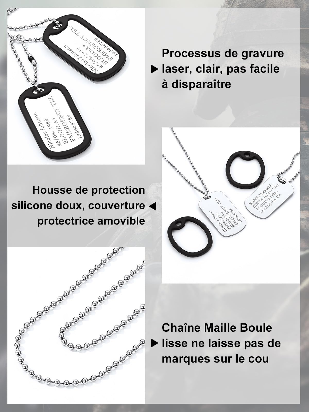 Custom4U Collier Plaque Militaire Personnalisable Homme, Chaîne Militaire Personnalisé, Collier Dog Tag Acier Inoxydable, Bijoux Cadeau pour Lui(Boîte Cadeau)