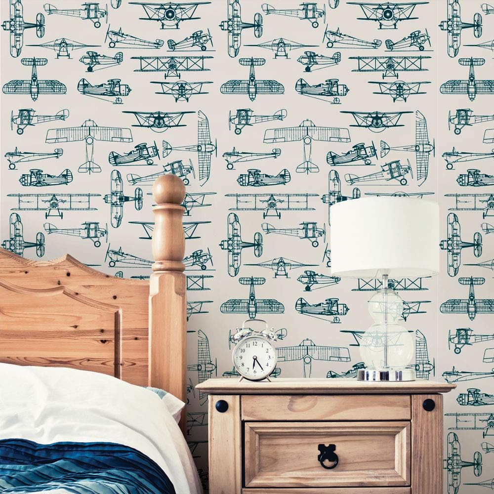 Airplanes Peel and Stick Wallpaper (Single Sheet 2x9 feet, Slate Teal)