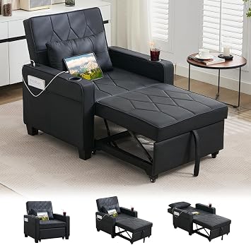 GRAVFORCE Sofa Bed Convertible 3 in 1 Sleeper Chair Bed with Adjustable Backrest Pull Out Sofa Single Sofa Bed Chairs for Small Space Living Room Black