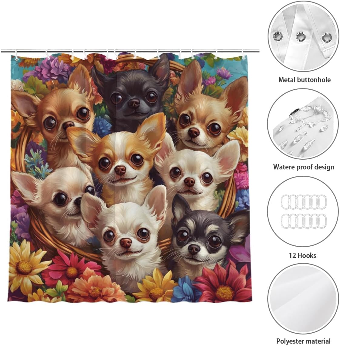 Chihuahua Shower Curtain, Adorable Chihuahua with Colorful Flowers, Cute Animal Bathroom Decor, Waterproof Polyester Fabric with Hooks, 72x72 Inches