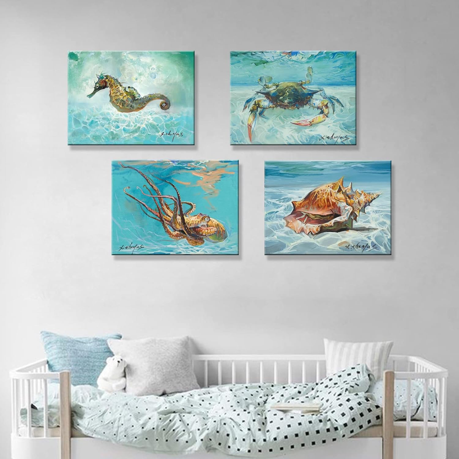 JZLDZS Nuatical Bathroom Decor Blue Crab Octopus Seahorse Seashell Artwork Painting Prints Coastal Decor Pictures for Bedroom Living Room Home Beach House Decorations Teal 12x16 Inch