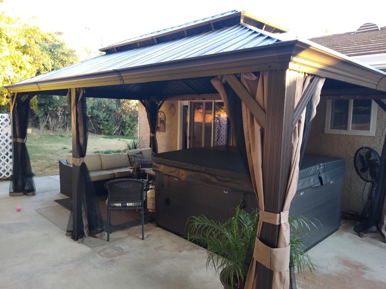 Photo 1 of * SEE NOTES* Domi Outdoor Living 12’ X 18’ Hardtop Gazebo, Outdoor Aluminum Frame Canopy with Galvanized Steel Double Roof, Outdoor Permanent Metal Pavilion with Curtains and Netting for Patio, Backyard and Lawn Dark Brown 12’x18’