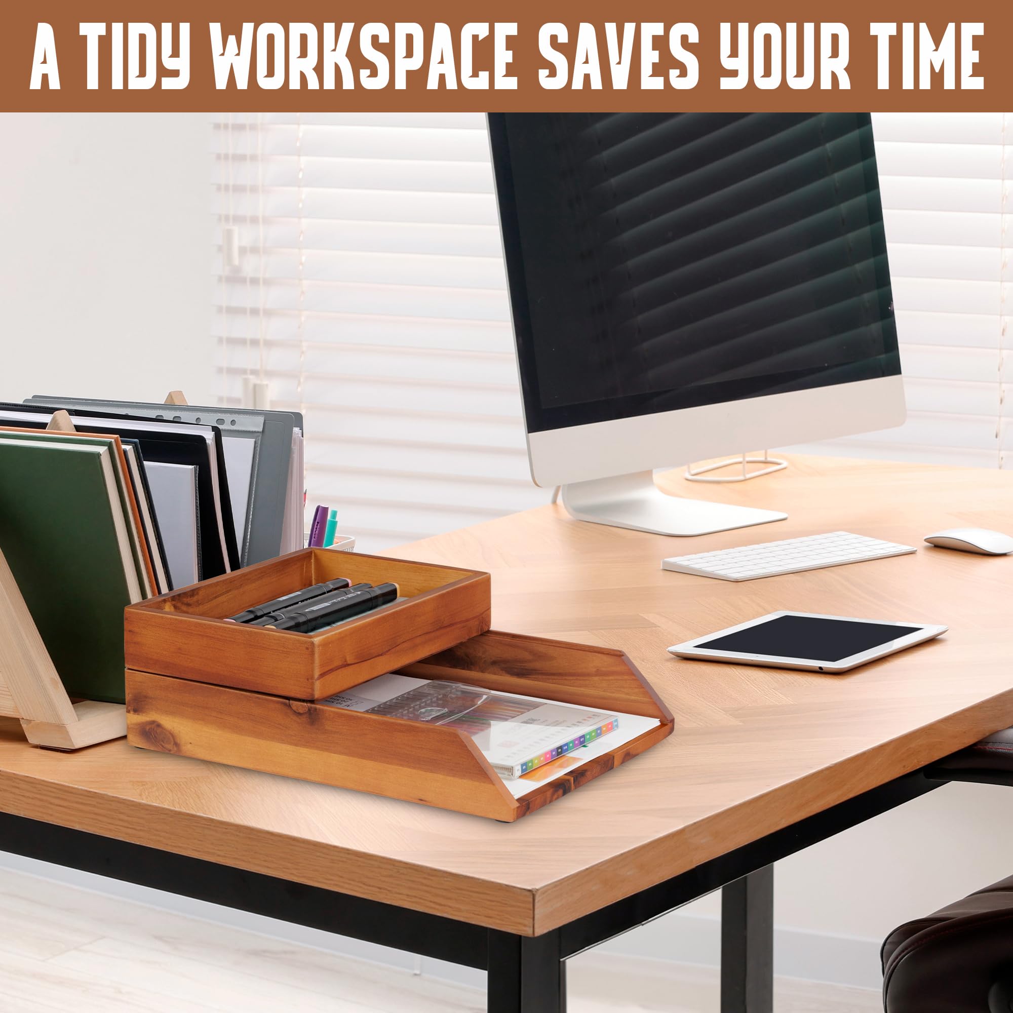 Akazien-Büro-Schubladen-Organizer, 2er-Set, Papier-Briefablage, Aufbewahrungsmappen, Notizbücher, Kopierpapier, Druckpapier, Holz, Schreibtisch, rechteckig, Arbeitsplatzhalter, Schreibwaren-Saver