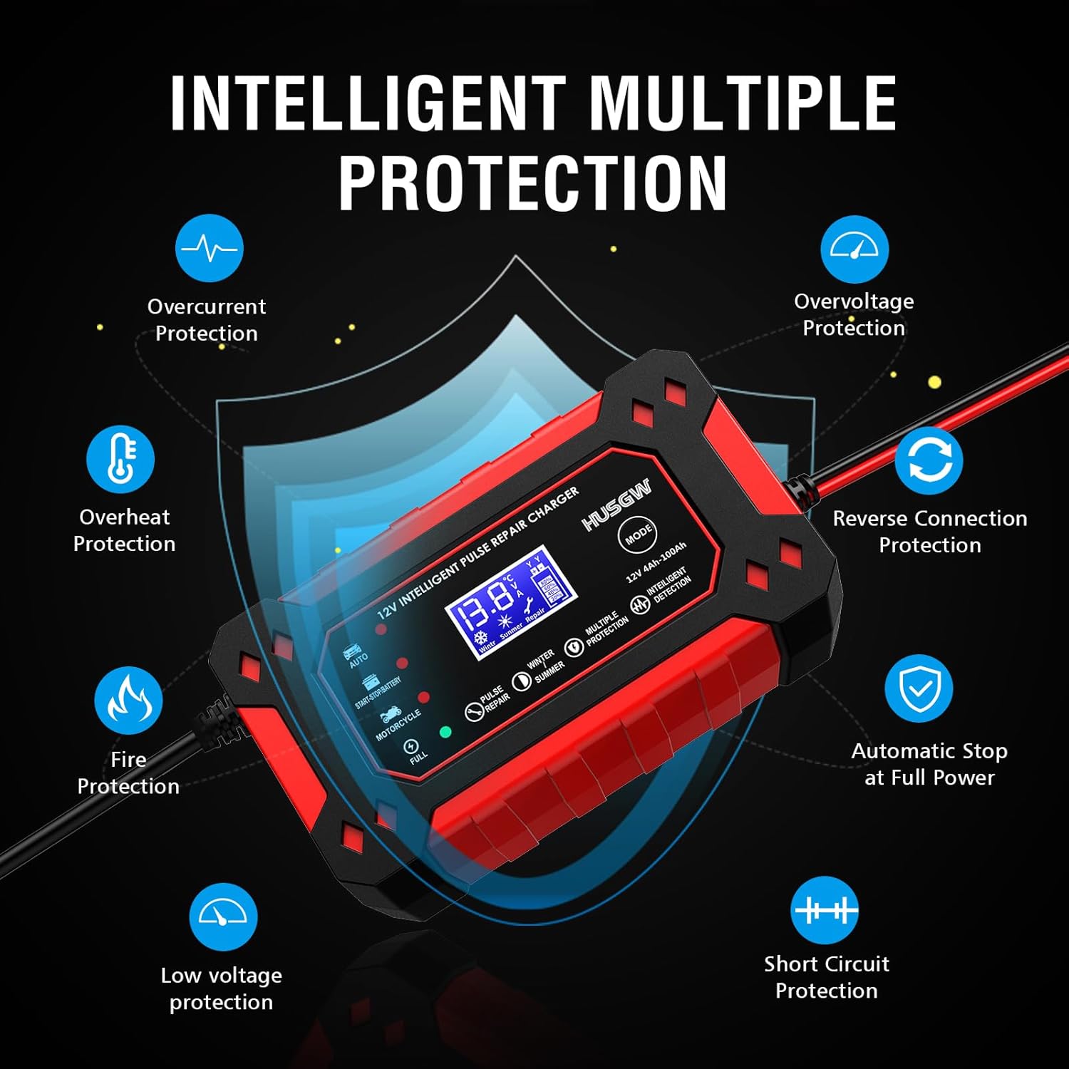 Cargador 12V6A con sus pinzas conectadas a batería de coche