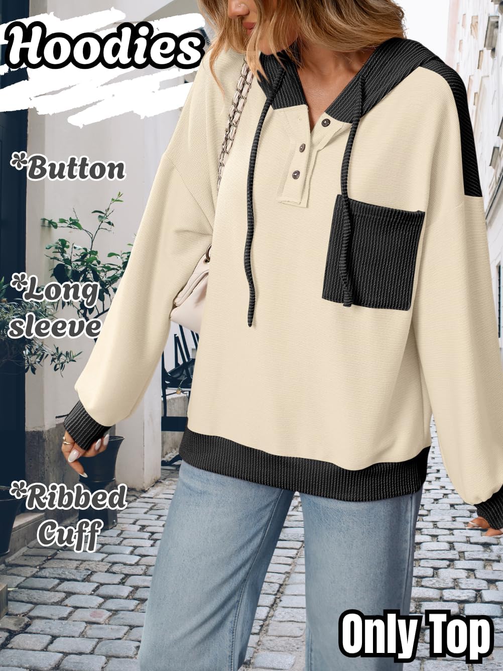 Kaei&Shi Color Block Hoodie,V Neck Pullover Sweatshirts For Women,Fall Hooded Long Sleeve Shirt - Image 3