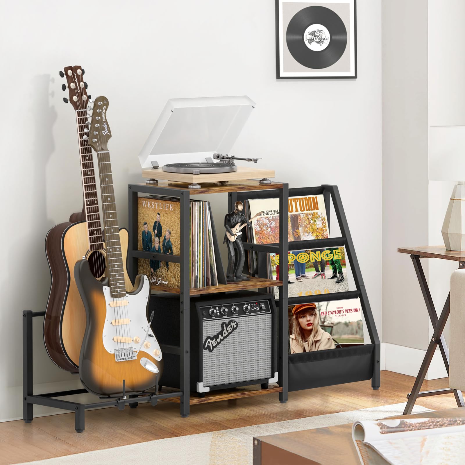 Bikoney Plattenspielerständer mit Gitarrenhalter, Gitarrenständer für Akustik, E-Gitarre, Bass, Gitarrenständer Mehrere Gitarren, Vinyl-Schallplattenständer, Gitarrenständer Boden für Studio