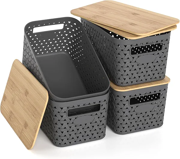 ZFTMRR Plastic Storage Bins with Bamboo Lids, Stackable Small Box Baskets for Organizing and Containers for Shelves Drawers Desktop Closet Pantry Classroom Office Home, 4 Pack 12x7.3x6.2 Inch, Gray