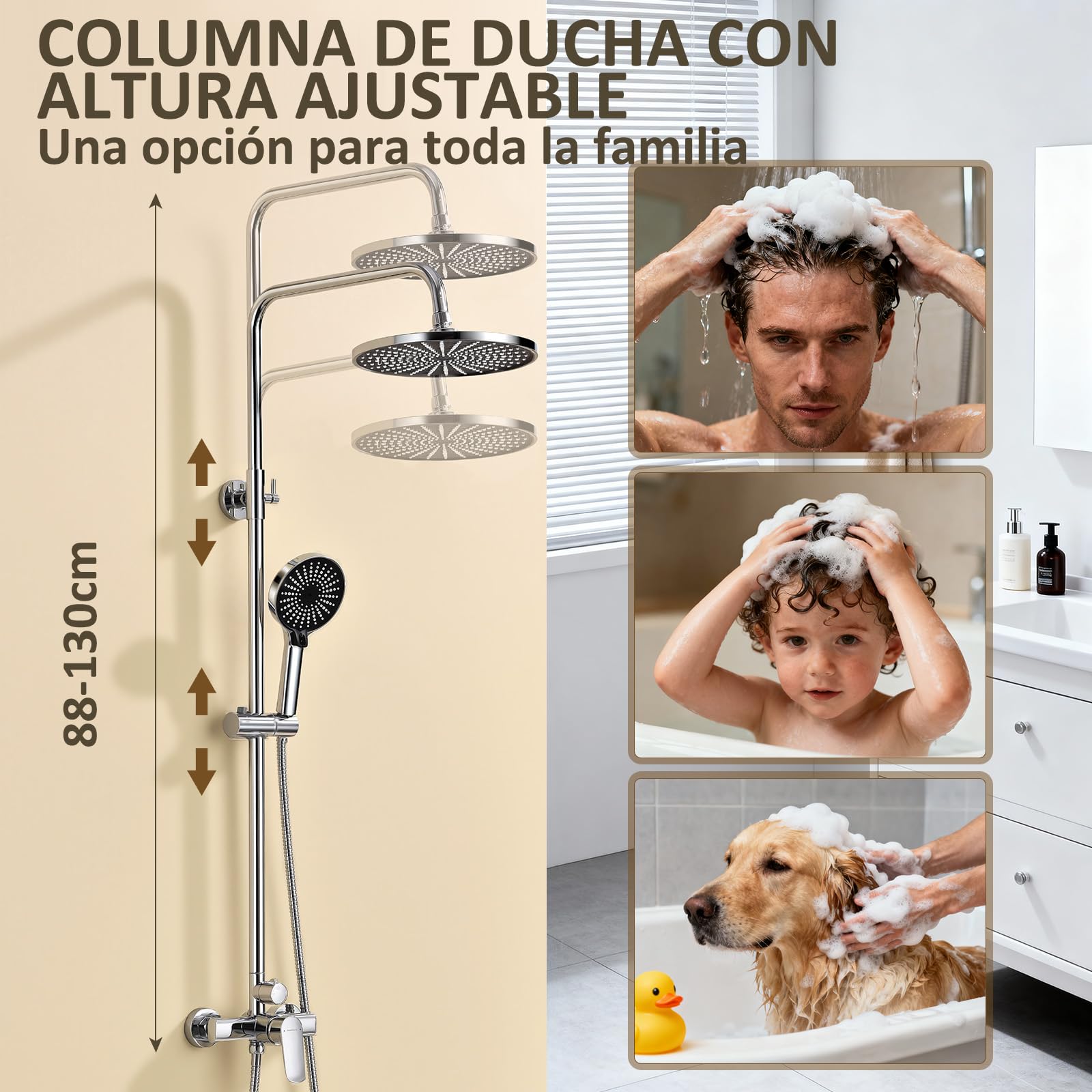 Sistema de ducha con grifería ajustable en altura sin termostato con cabezal de lluvia grande de 26 cm y ducha de mano de 3 funciones juego de ducha de acero inoxidable