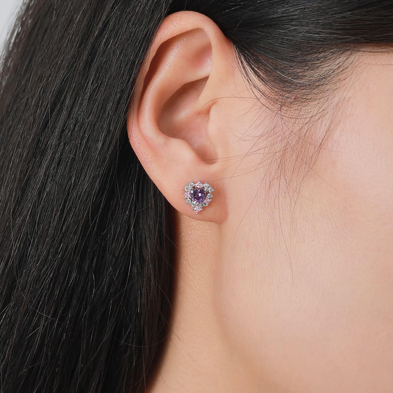 Orecchini Oro Bianco Ragazza, Orecchini Donne con ametista a forma di cuore e moissanite