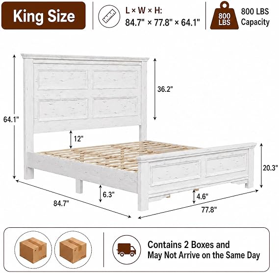 King Bed Frame, 64.1 Extra Tall Farmhouse Headboard, White