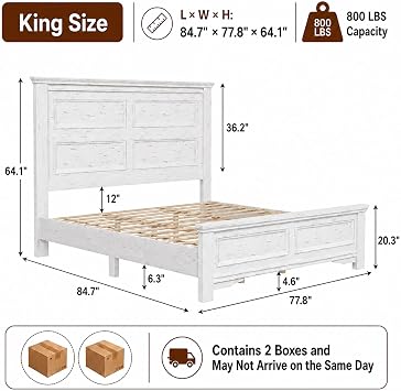 King Bed Frame, 64.1 Extra Tall Farmhouse Headboard, White