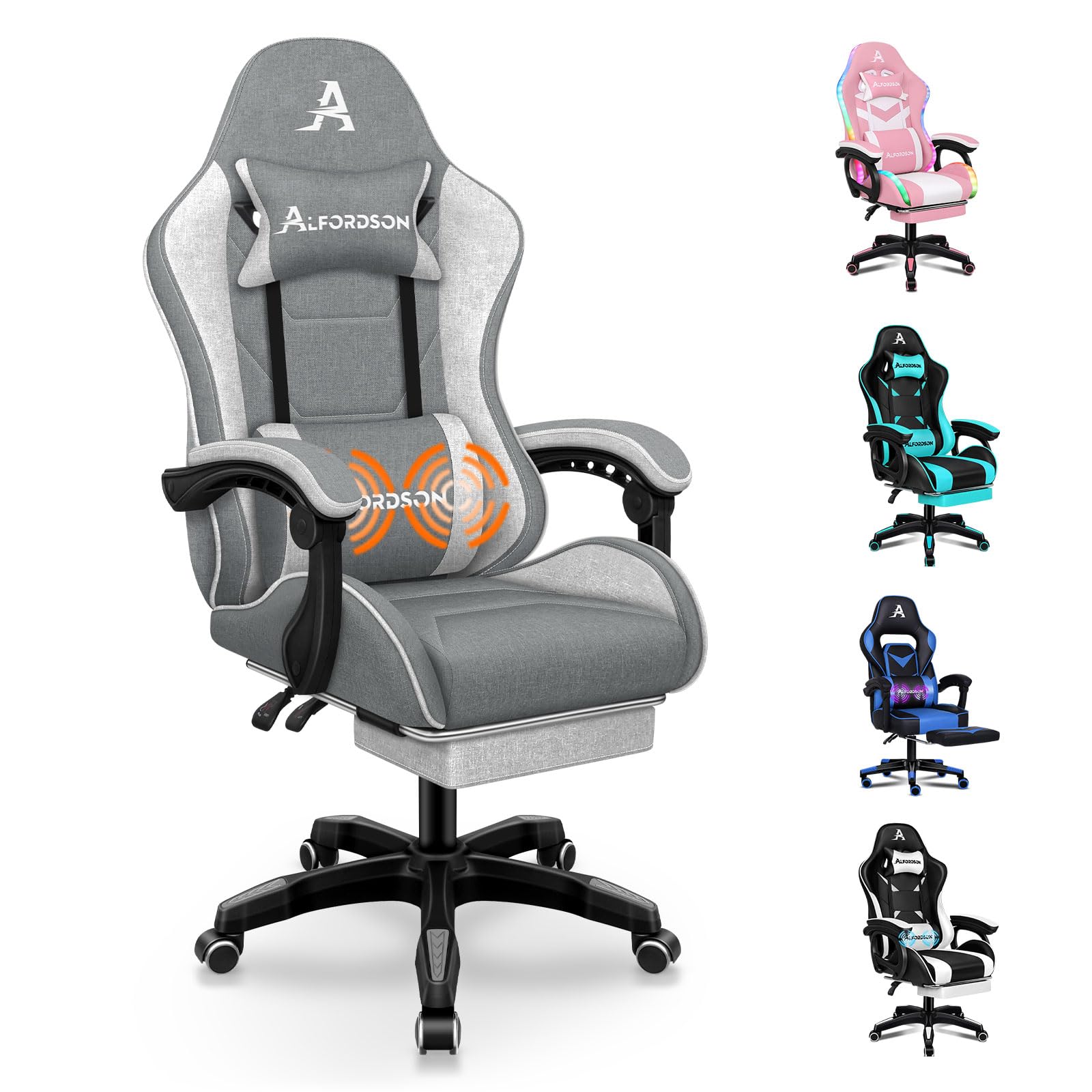 ALFORDSON Sedia Gaming Massaggiante con Poggiapiedi da Case Grigia splicing | Poltrona Gamer in Tessuto Serie THOR, Schienale regolabile, con supporto lombare e poggiatesta, portata 180 kg